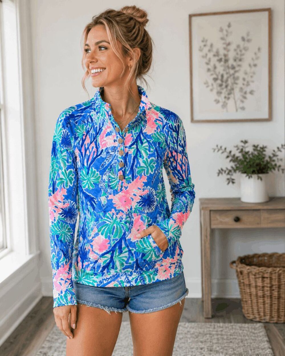 Lilly Pulitzer Skipper Popover Women’s Small Blue Pink Tropical Coral Pullover